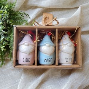 Rae Dunn CHEER, MAGIC, FESTIVE, 3 Pc Ceramic GNOME ORNAMENTS 2021 IRIDESCENT
